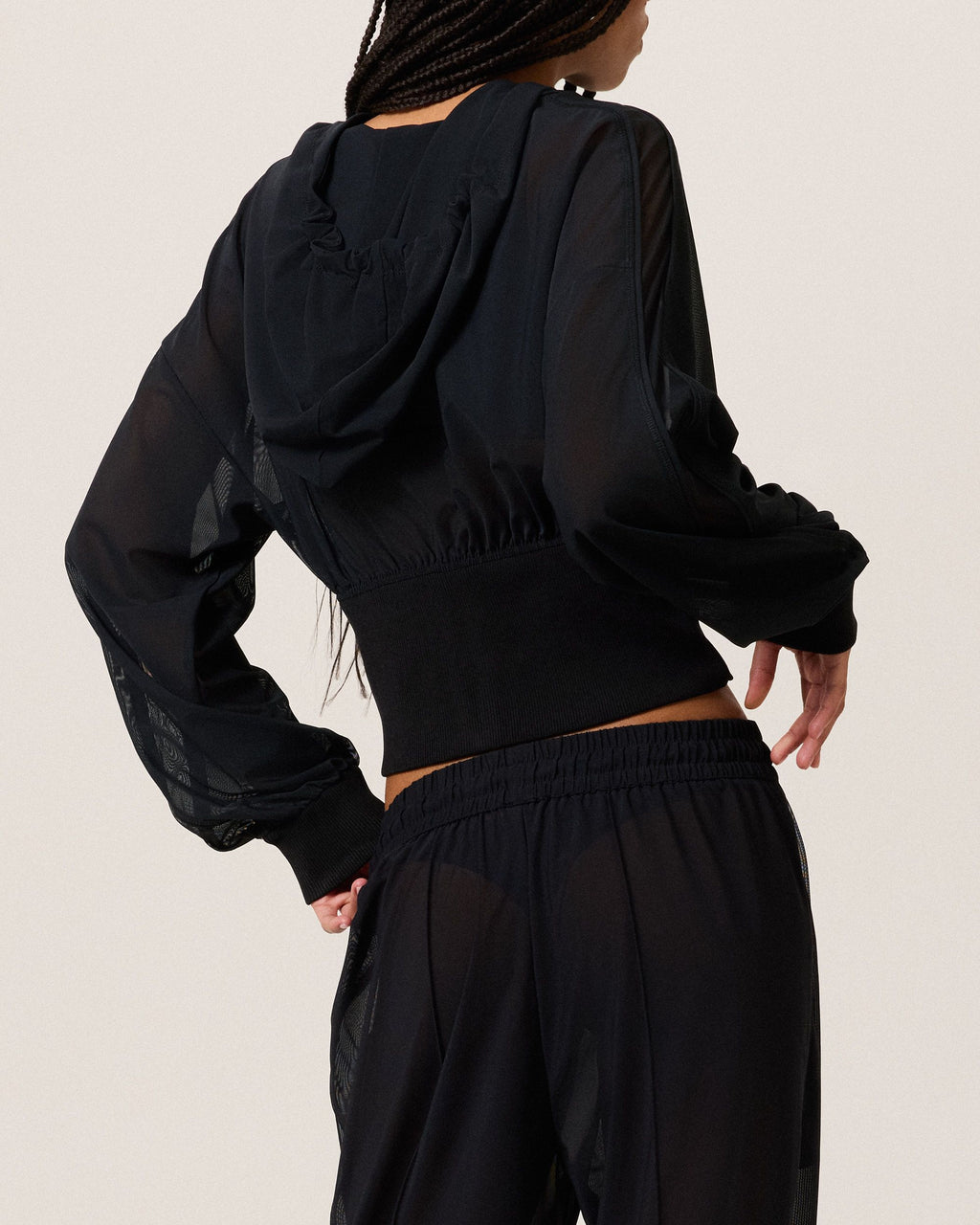 Power Mesh Zip Up Hoodie, Black